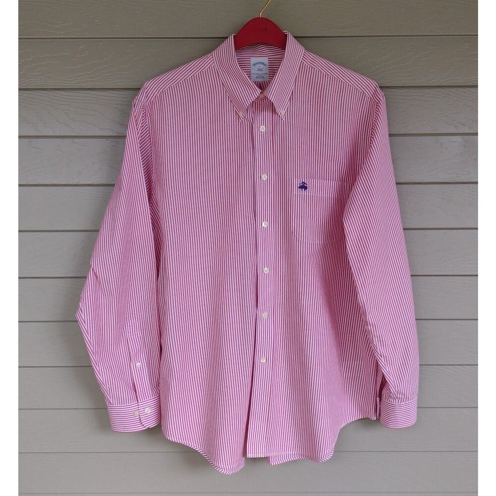 Brooks Brothers Mens Red & White Striped Slim Fit 346 Button Down Shirt Size L
